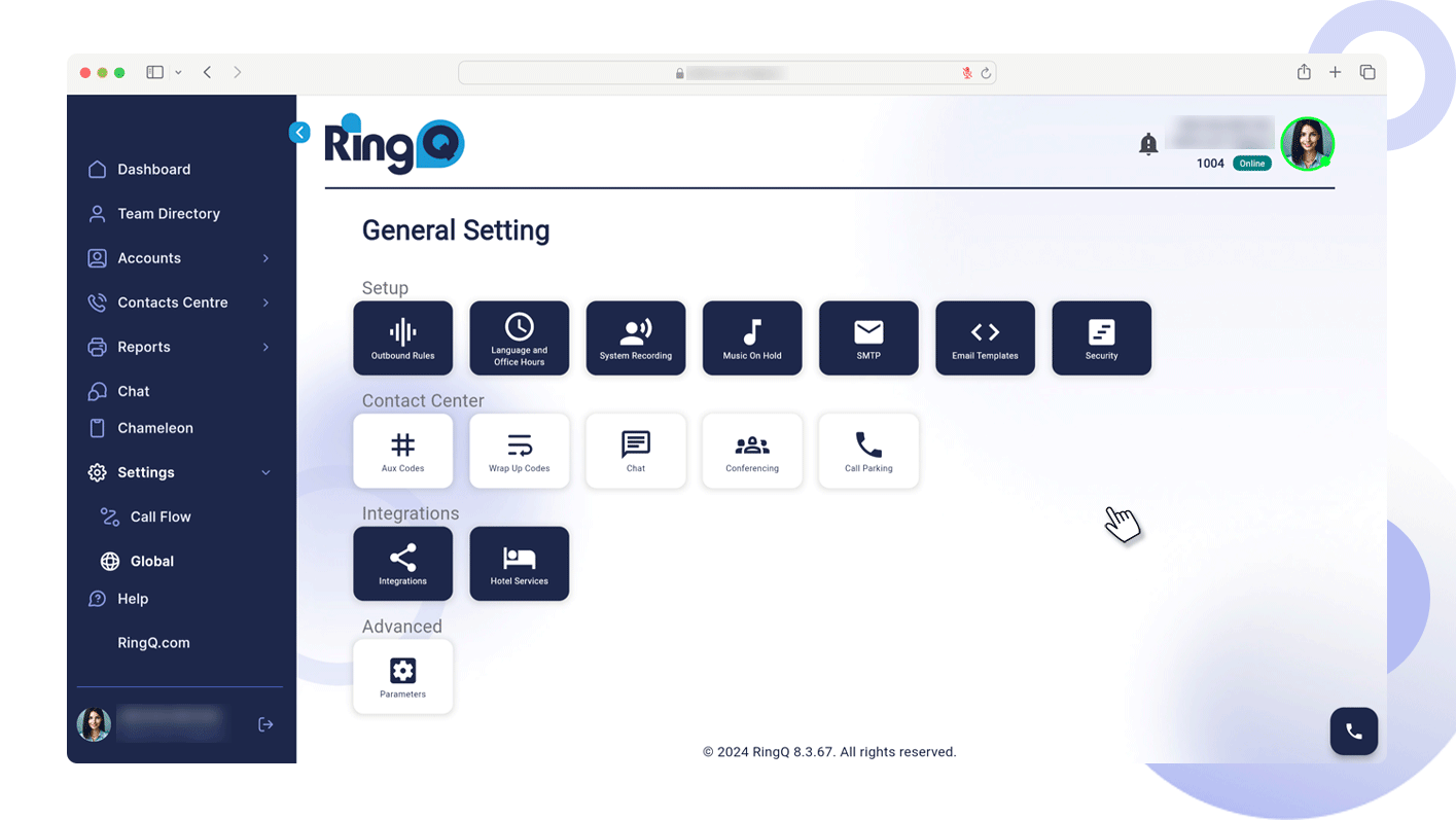 RingQ Web Client set global hours